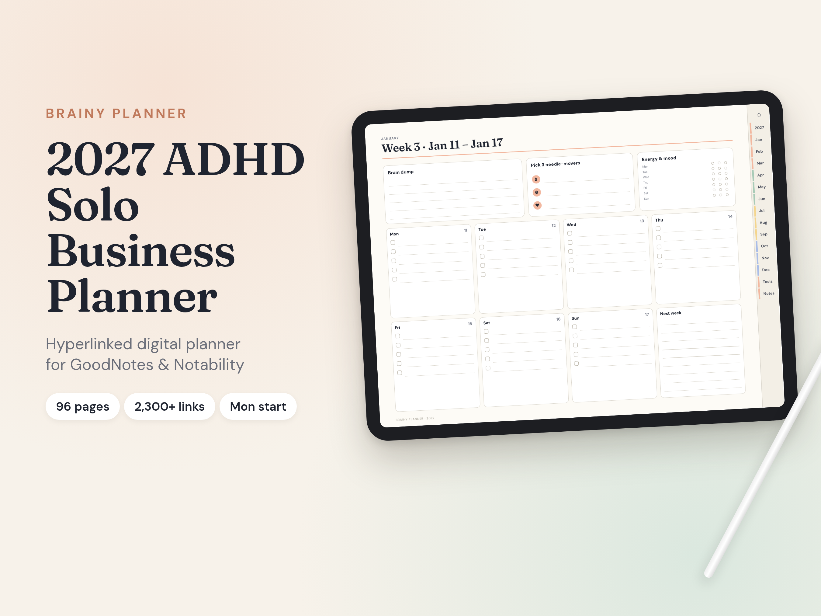 Brainy Planner digital planner on an iPad